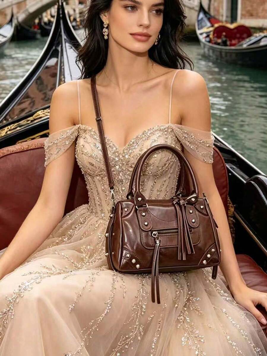 Retro Punk Style Faux Leather Handbag, Multifunctional Tote And Crossbody Bag With Rivet Decor, Large Capacity For Women Suitable For Party, Event, And Work Commute