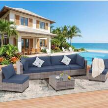 7 Outdoor Terrace Furniture Kits, Wicker Outdoor Dialogue Sofa Kits, Adjustable Back Sofas, Including Cushions And Coffee Tables, Suitable For Garden, Courtyard, Deck ... - Màu xanh lam - Xem 8