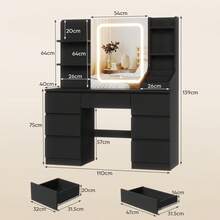 DEVOKO Dressing Table With Mirror And Stool, Vanity Table With LED Lights, Adjustable Brightness, Makeup Desk With 7 Drawers And 4 Shelves, Modern,Black - 查看 5