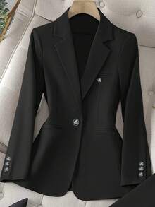 Women's Spring/Summer Fashionable Elegant Solid-Color Single-Layer Unlined Single-Button Long-Sleeve Flat Lapel Waist-Defining Blazer And Pants Two-Piece Set - màu đen - Xem 3