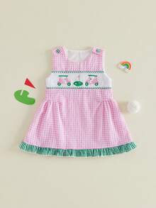 Vestido de tirantes para bebé niña, moderno, con bordado de golf, sin mangas, cuello redondo y estampado a cuadros. - Rosa - Ver 6