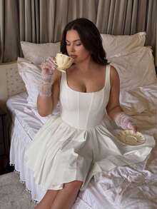 Vestido Casual Elegante com Laço Nas Costas, Plus Size, Branco, Vestido de Verão, Vestido de Festa, Looks de Férias de Verão, Looks de Férias para Mulheres - Branco - Visão 4