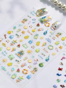 1pc Iridescent Shell Light Tropical Nail Stickers, 3D Raised Ice Cream & Lemon Nail Decals, Waterproof Nail Art Stickers For Women - Multicolor - View 5