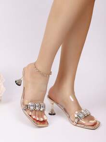 Women's Shiny Rhinestone Decor Transparent Square Toe High Heel Sandals, Suitable For Daily Wear, Dates, Parties, Weddings, Vacations - Gold - View 4