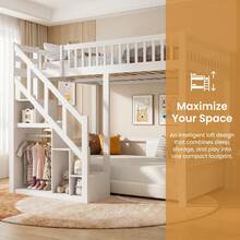 Caluself 140 X 200 Cm, Bunk Bed, Double Bed With Star-Patterned Mesh, Made Of Solid Wood, With Safety Ladder And Storage Space, With Slatted Base, White, Without Mattress - White - View 6