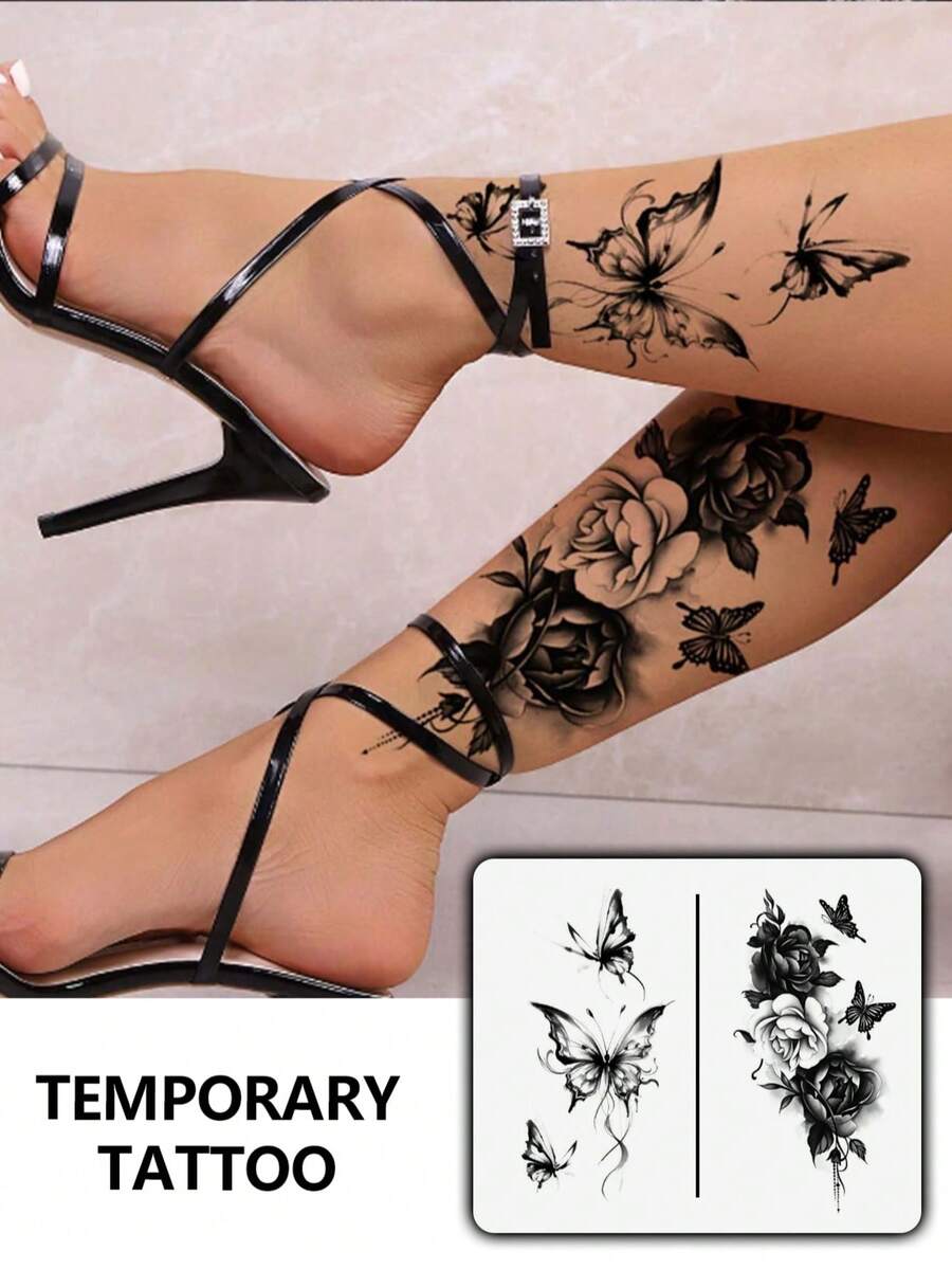2 miếng dán hình xăm tạm thời thời trang, hình xăm đôi, hình xăm giả màu đen, hình xăm dùng một lần, hình sói dữ, bướm, động vật, hoa hồng, họa tiết hoa, chống thấm nước, không phản chiếu, dễ dán và dễ gỡ, cực kỳ chân thực, phù hợp cho nam hoặc nữ dán trên ngực, chân, tay, eo, bụng, bàn chân, đồ dùng cho các bữa tiệc lễ hội âm nhạc. - màu đen - Xem 1