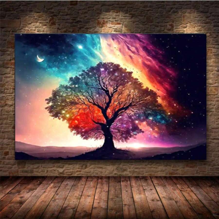 DIY 5D 星空下彩色树钻石画套装，全圆钻石画，家居装饰工艺品 - 查看 1
