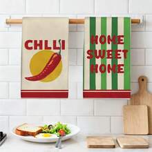 2 buah Handuk Dapur Bertema Cabai Bergaris Merah & Hijau Vintage, 40*60cm, Bahan Mikrofiber Lembut, Cocok Untuk Rumah, Dapur, Restoran, Berkemah di Luar Ruangan, Membersihkan Meja, Mengeringkan Piring, Mengeringkan Tangan, Hadiah Liburan - MultiWarna - View 1