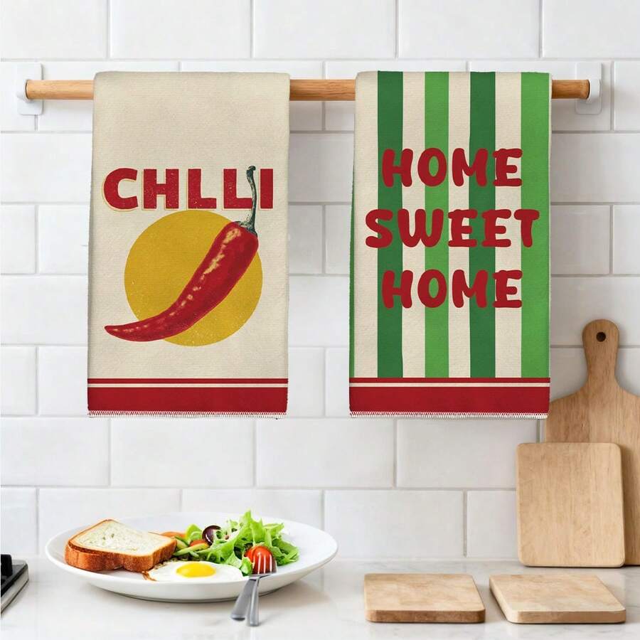 2 buah Handuk Dapur Bertema Cabai Bergaris Merah & Hijau Vintage, 40*60cm, Bahan Mikrofiber Lembut, Cocok Untuk Rumah, Dapur, Restoran, Berkemah di Luar Ruangan, Membersihkan Meja, Mengeringkan Piring, Mengeringkan Tangan, Hadiah Liburan - MultiWarna - View 1