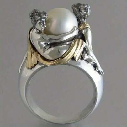 Women's Pearl Imitation Ring And Artistic Carved Ring, Perfect For Daily Wear And Celebrating Holidays