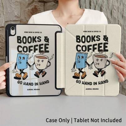 1 chiếc ốp lưng máy tính bảng in hình hoạt hình retro "Sách và Cà phê luôn song hành" cho iPad, ốp lưng thông minh đa năng cho iPad - Tương thích với iPad Air 6/5/4, 10 (10.9"), iPad Pro 2024/M3/A16 2025 - Vỏ bảo vệ cao cấp cho công việc, du lịch và gia đình, tương thích với Galaxy Tab A8/A9+/S6 Lite/S7/S9 FE+/S10+, tương thích với Samsung Galaxy A9/S9/S7/S10+, tương thích với Matepad.