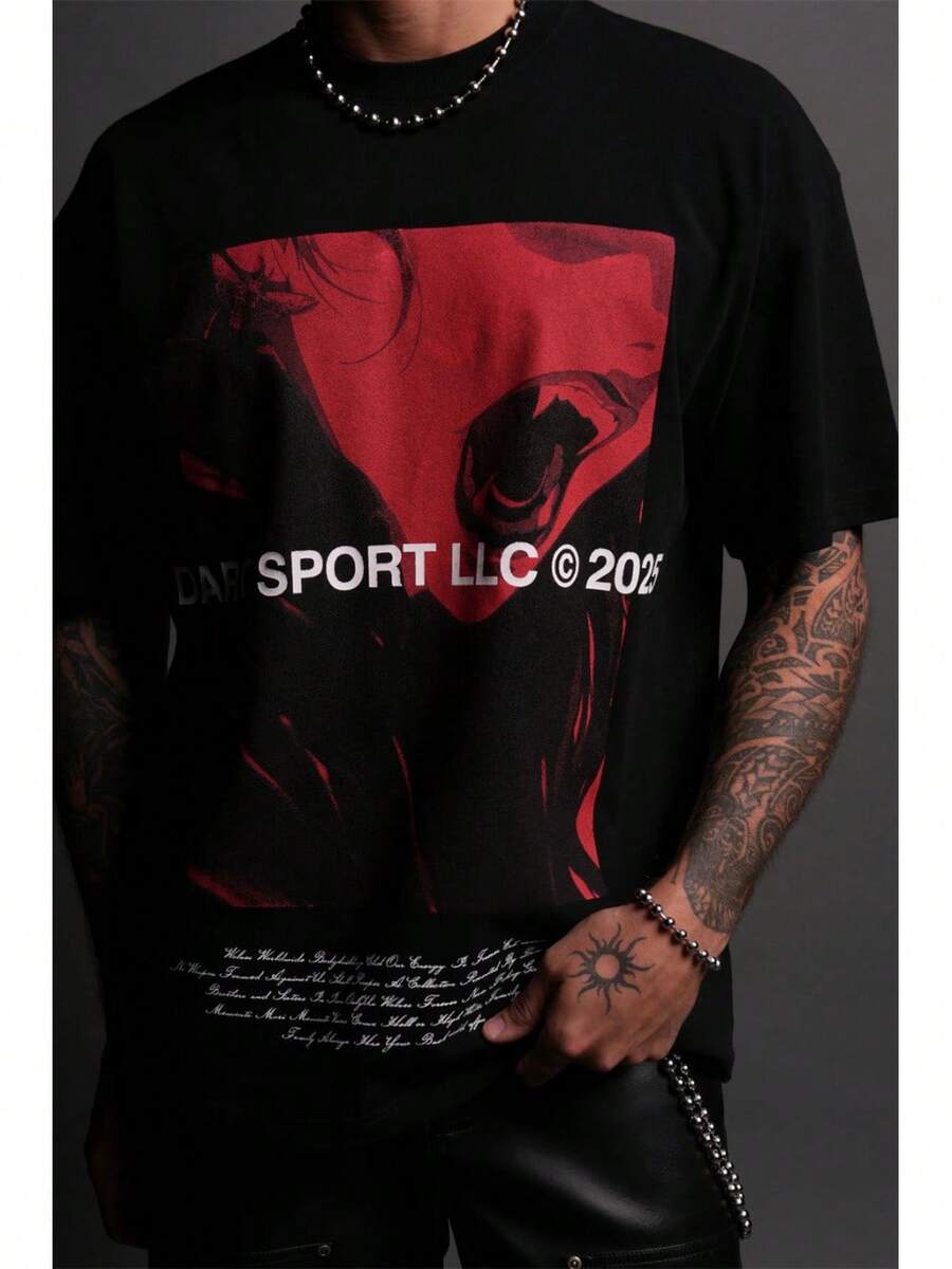 DARCSPORT American-Style Retro T-Shirt For Couples, Men's Top, Pure Cotton Loose-Fit Round-Neck T-Shirt - 黑色 - 查看 1