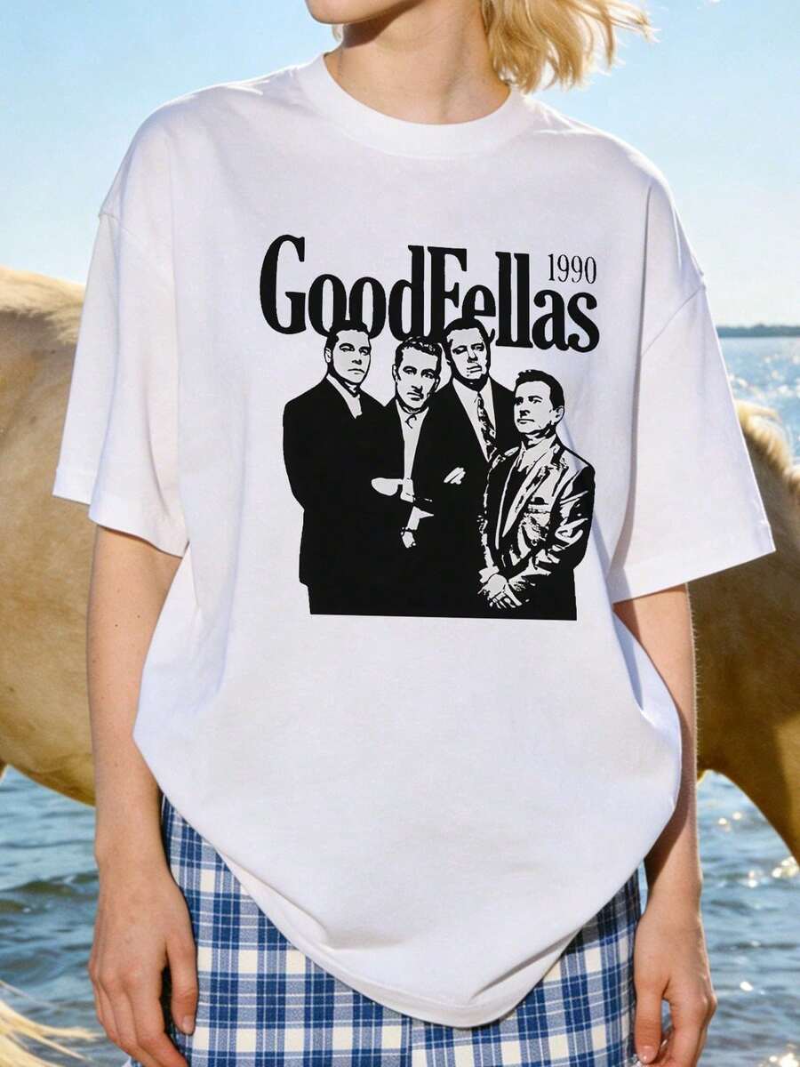 Camiseta de manga corta con cuello redondo suave y casual para mujer, estampado gráfico retro en blanco y negro, adecuada para uso diario casual. Color negro. - Blanco - Ver 1