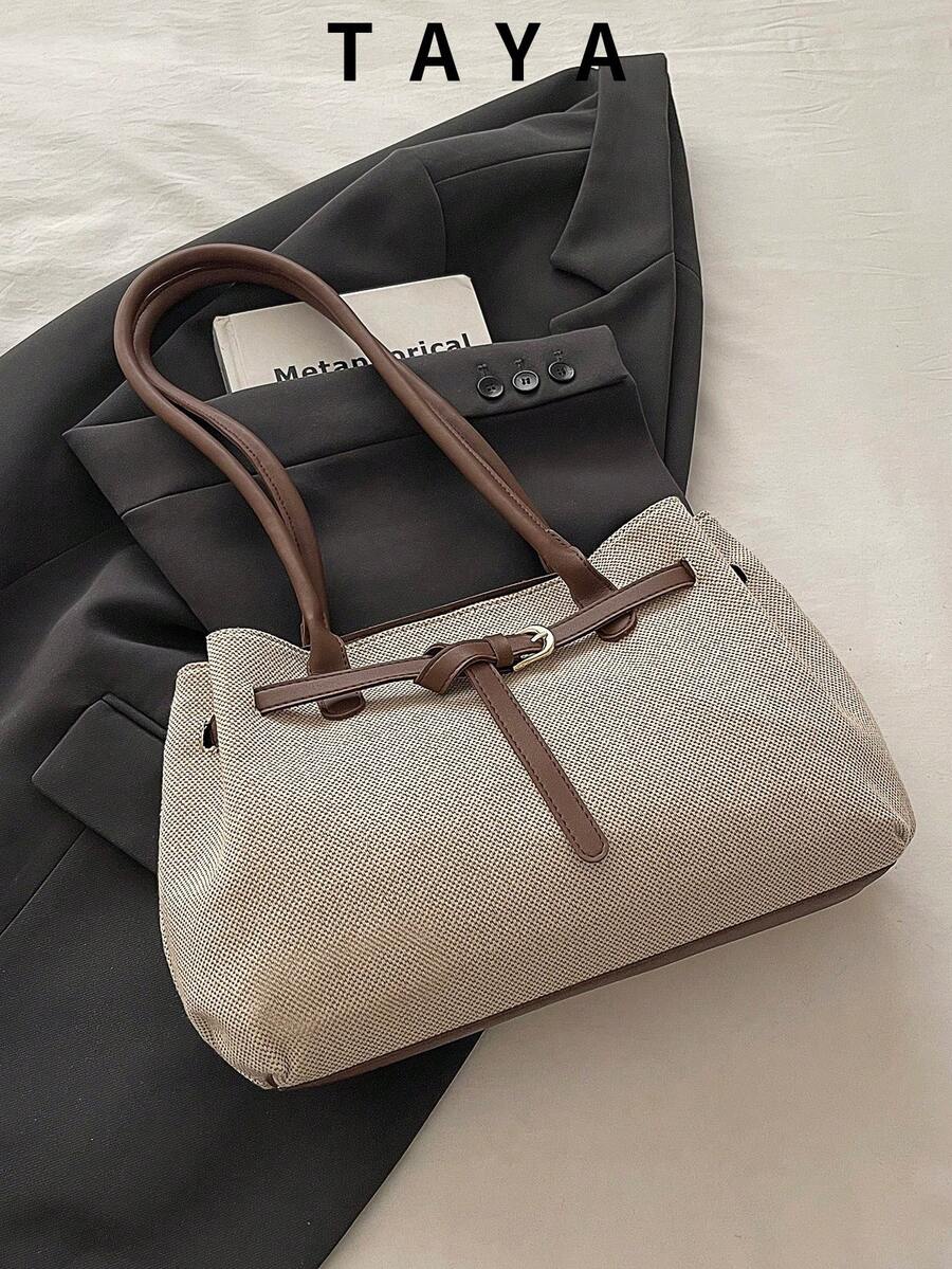 New Vintage Fashion Linen Tote Bag, Metal Strap Decoration, Zipper Closure, Lightweight Minimalist, Large Capacity Shoulder Bag. Suitable For Women's Daily Life, Casual, Commuting, Work, Vacation And Student Use