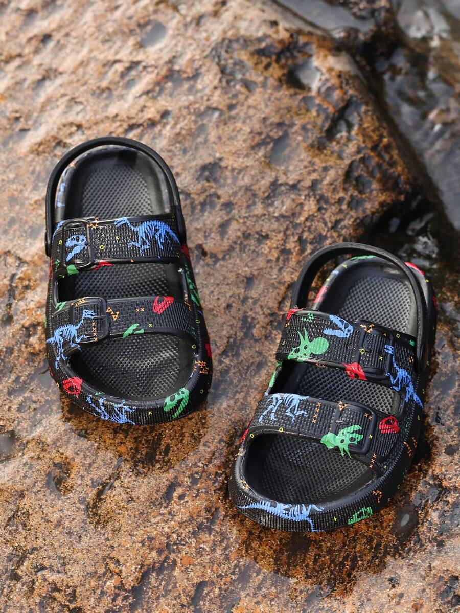 1 Pair Boys' Comfortable Fashionable Camouflage & Big Dinosaur Unique Print Soft Sole Sandals, Spring/Summer - Black - View 1