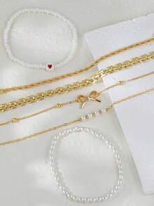 6Pcs Gold Stackable Bracelets Set, Dainty Faux Pearl & Beaded & Chain Bracelets With Bow Charm, Minimalist Layering Jewelry For Women - Yellow Gold - View 2
