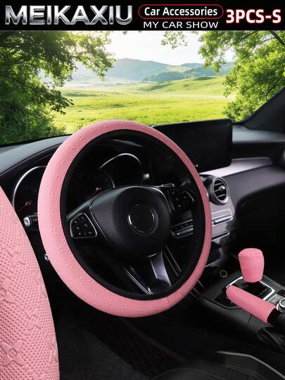 MEIKAXIU 3pcs/Set 3D Star & Flower Car Steering Wheel Cover, Handbrake Cover, Gear Shift Knob Cover, Fit 14.5-15 Inch Steering Wheel, Car Interior Accessories For Women