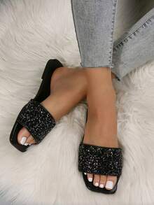 2026 New Flat Slide Sandals/Solid Color, Flat Design, Shiny Vamp, Exquisite Rhinestone Decor, Slip-On Style, Easy To Clean, Elegant & Refined, Fashion Versatile, Suitable For Daily Wear, Shopping, Dating, Vacation, Travel - Black - View 4