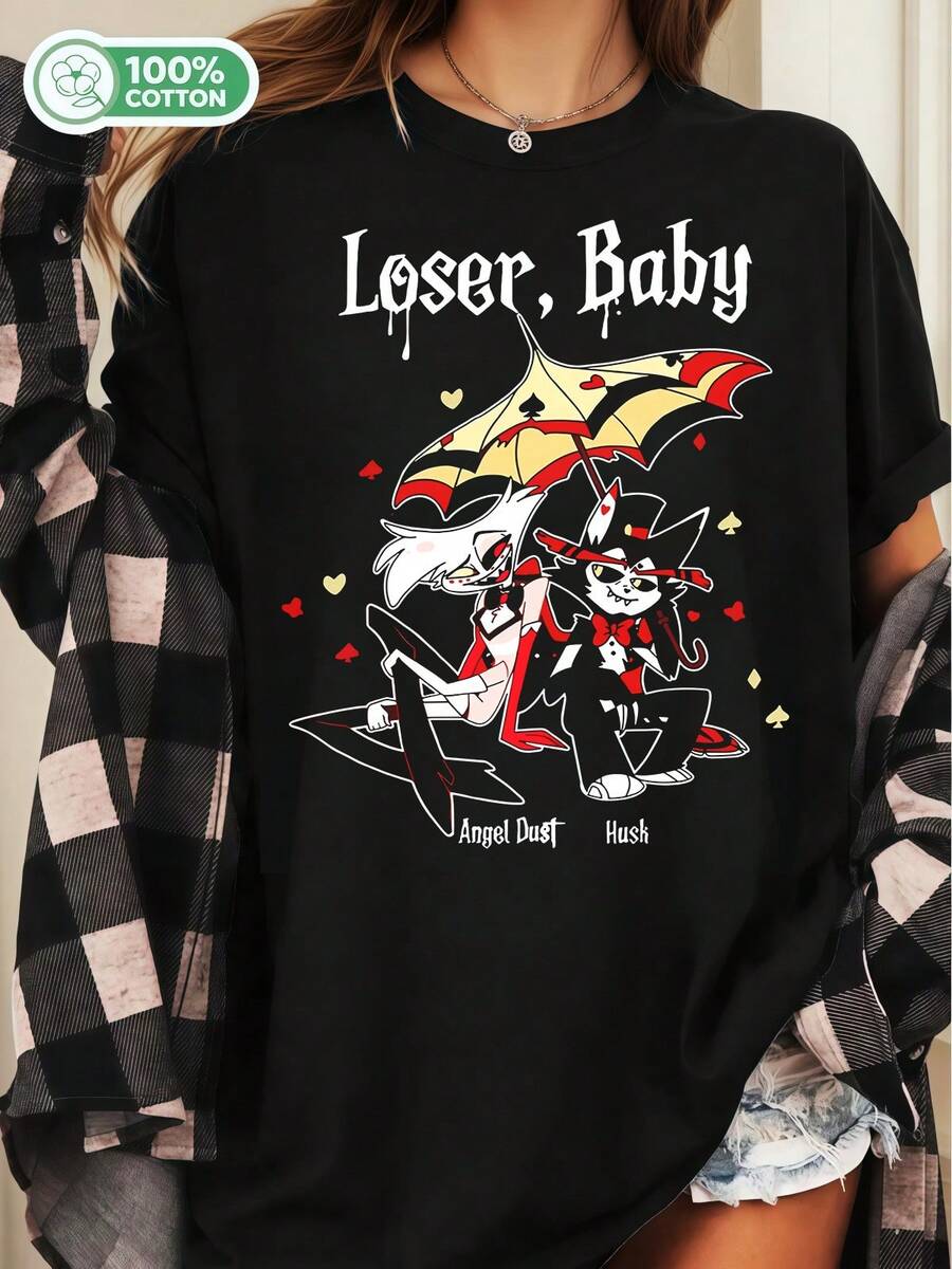 Angel Dust & Husk  Loser, Baby Graphic T-Shirt   Fan Art Tee - Black - View 1