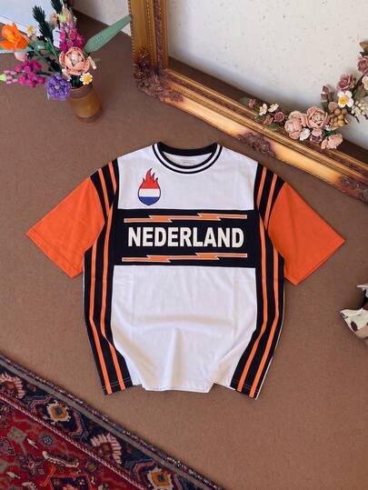  Fractyr Men Netherlands "NEDERLAND" Football Jersey T-Shirt, Quick Dry Mesh Orange & White Streetwear Casual Tee, Flag Print Front And Back