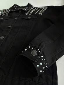 pthirillo Women's Black Denim Jacket Maxi Oversized Denim Black Cotton Long Sleeve Premium Street Style Retro Casual Loose Fit With Pockets Cowboy Style Show Pearls | Basic - 目前的 - 查看 7