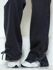 Women's Wide Leg Teen Jeans With Tie At The Hem – Style And Comfort - 深色水洗藍 - 查看 5