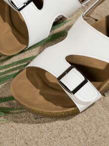 Women's Cork Sandals With Metal Buckle Decor, Platform Thick Sole Slides, Comfortable Versatile Beach/Casual Wear Suitable For Summer - White - View 9