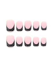24pcs Black & White Polka Dot French Style Short Square Disposable Fake Nails, Includes 1 Adhesive Sticker And 1 Mini Nail File, Suitable For Women And Girls, Random Delivery - Black - View 3