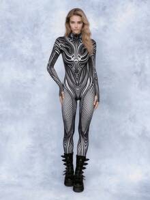 Burning Man Explosion Model Black & White Mechanical Texture Jumpsuit, Future Tech Vibe, Cosplay Stage Performance Outfit, Halloween Vacation Fall - Black - View 1