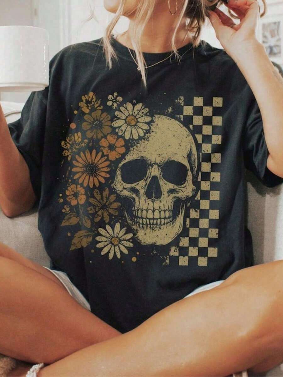 Camiseta con Gráfico de Calavera Boho, Camiseta Vintage Grunge, Camisetas Retro Boho de Verano, Camisetas Lindas y Espeluznantes de Halloween 100% Algodón, Camiseta de Verano Espeluznante - Estilo Urbano Vintage Unisex, Camiseta de Manga Corta de Algodón Suelto con Cuello Redondo - Negro - Ver 1