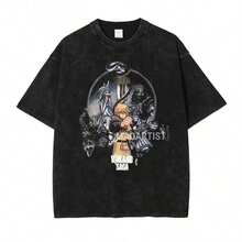 TopsAnime Print Tshirt Streetwear Harajuku Washed T Shirt Summer Short Sleeve Vintage T-Shirt Cotton Tops TeesLoose And Comfortablesummer Tops - 黑色 7 - 查看 1