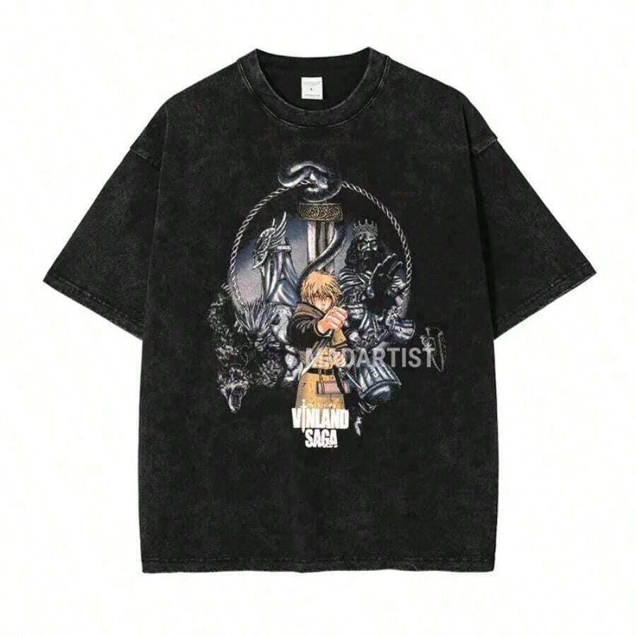 TopsAnime Print Tshirt Streetwear Harajuku Washed T Shirt Summer Short Sleeve Vintage T-Shirt Cotton Tops TeesLoose And Comfortablesummer Tops - 黑色 7 - 查看 1