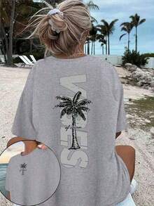 TopsWomen's Minimalist Coconut Tree Slogan Print Casual Round Neck Short Sleeve T-Shirt, Simple & Versatile, Suitable For Daily & Holiday Wear. Graphi - 灰色 - 查看 12