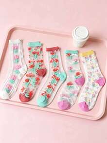 5 Pairs Glass Fiber Crystal Socks, Thin Transparent Floral Mesh Stockings, Soft & Comfortable - Multicolor - View 6