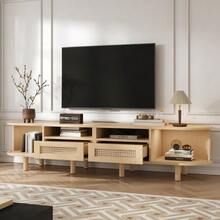 Oval TV Stand 170*40*40 Cm, TV Table, TV Cabinet With 2 Rattan Design Drawers, 2 Sliding Doors, Low Table And TV Table For TVs Up To 70 Inches, TV Board And TV Chest, Wood Color. - 駝色 - 查看 3