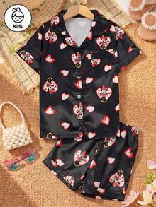 Disney Series Cartoon Butterfly & Heart Print 2-Piece Set, Cute Casual Matching Short Sleeve Top And Elastic Waist Shorts Pajamas For Tween Girls Silk-Like Soft Breathable Fabric Suitable For All Seasons - Black - View 1