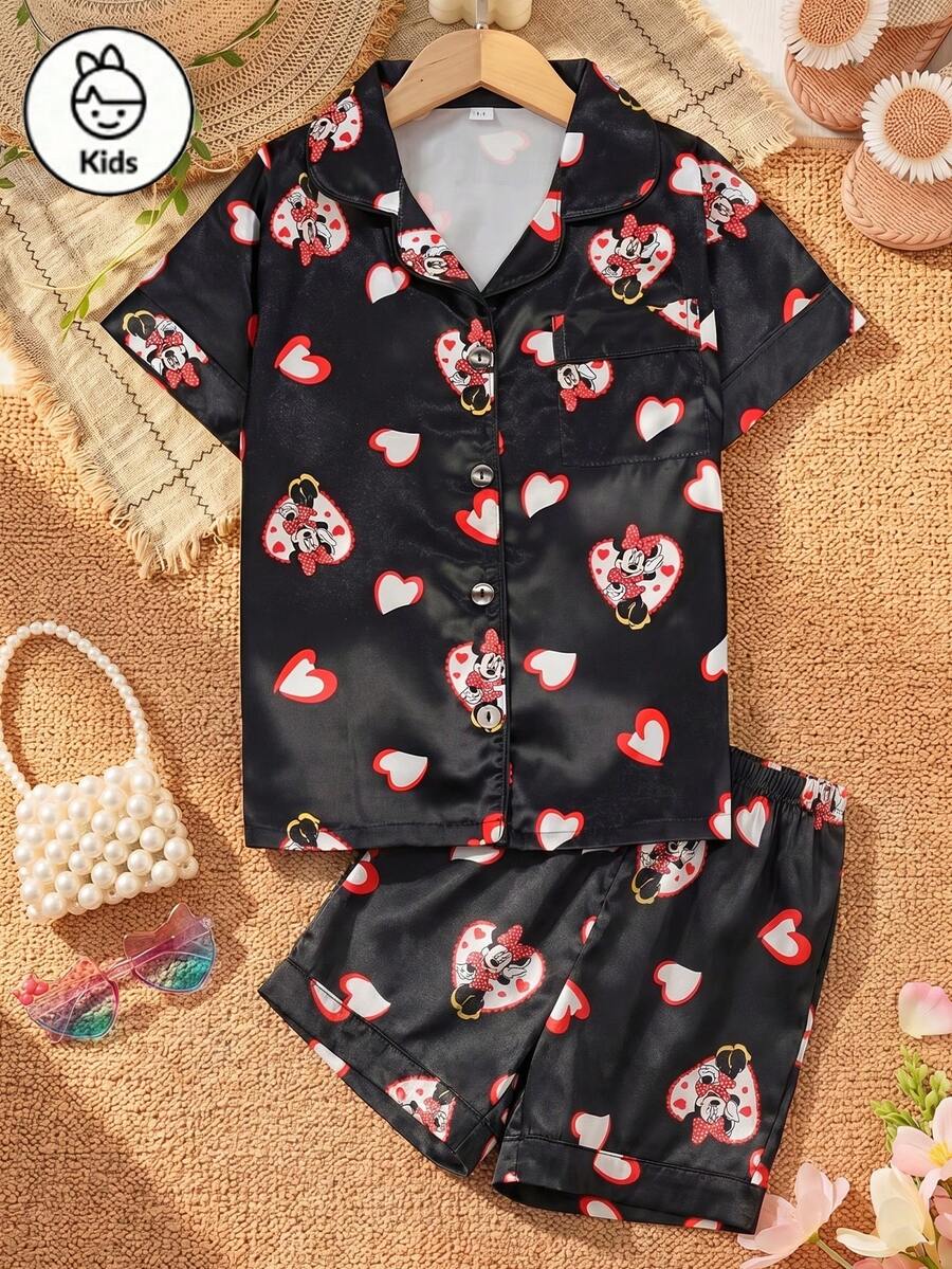 Disney Series Cartoon Butterfly & Heart Print 2-Piece Set, Cute Casual Matching Short Sleeve Top And Elastic Waist Shorts Pajamas For Tween Girls Silk-Like Soft Breathable Fabric Suitable For All Seasons - Black - View 1