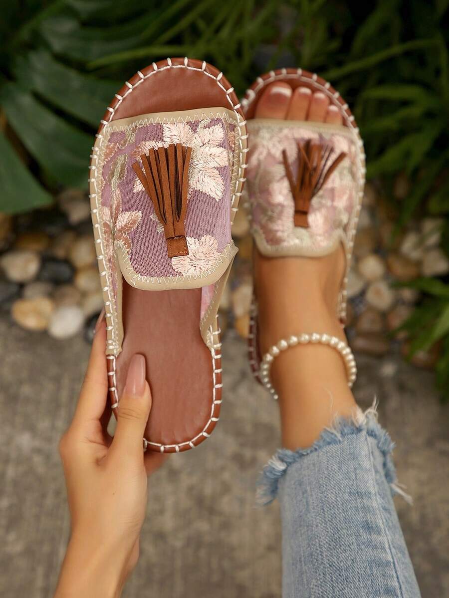 Women's Summer Fashionable Comfortable Flat Non-Slip Tassel Decor Open Toe Slip-On Slippers, Casual For Beach, Party, Daily Wear - Pink - View 1