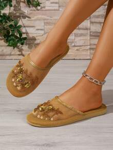 Sandal Datar Emas, Sandal Kulit Tanpa Bagian Belakang dengan Jaring Besar Gaya Eropa dan Amerika, Sepatu Musim Panas, Elegan, Sandal, Renda - Emas - View 3