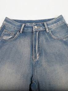 Quần short denim nữ dáng nhỏ nhắn phong cách Y2K, túi xéo cổ điển, ống rộng, dài đến đầu gối, thích hợp mặc hàng ngày và đi nghỉ mát mùa hè. - Màu xanh cổ điển - Xem 4