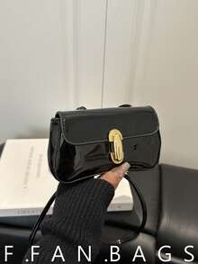 2026 New Glossy Latch Closure Retro Chic French Shoulder Underarm Handbag - Black - View 1