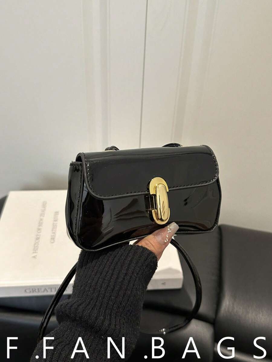 2026 New Glossy Latch Closure Retro Chic French Shoulder Underarm Handbag - Black - View 1