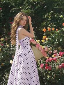 Vestido de verano de longitud media sin mangas con estampado de lunares elegante para mujer - Púrpura malva - Ver 1