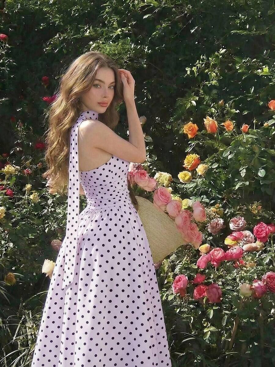 Vestido de verano de longitud media sin mangas con estampado de lunares elegante para mujer - Púrpura malva - Ver 1