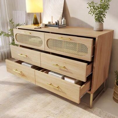 Rattan Kommode Sideboard Mit 6 Schubladen, Komodenschrank, Schminktisch, Für Wohnzimmer Und Schlafzimmer, Metallgriffe, Kippschutz, 120 X 40 X 74 Cm, Sonoma Eiche