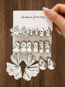 Ensemble de 4/6/16 pièces de boucles d'oreilles argentées, feuille de ginkgo, goutte d'eau, design de boucles d'oreilles épaisses, boucles d'oreilles légères et à la mode pour femmes, cadeau idéal - Argent - Voir 7