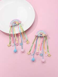 1對女童彩虹閃粉聚酯纖維毛絨布可愛波西米亞風格髮飾，適合日常佩戴 - 彩色 - 查看 5