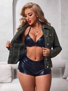 Women's Autumn SingleBreasted Waist Drawstring Casual Denim Jacket - 橄欖綠 - 查看 8