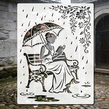 A Reusable Template, Very Suitable For Handmade, Is An Elegant Lady In The Rain Pattern, Containing Raindrops And Human Figures, Size 11.7x8.3 (30x21cm) - A - View 8