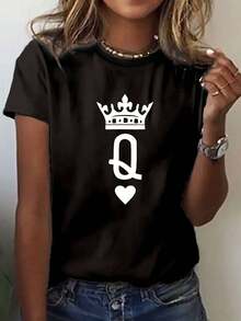 Casual Women's Short-Sleeved Top, Adorned With A Printed Letter Q, Perfect For Spring And Summer. - Black - View 6